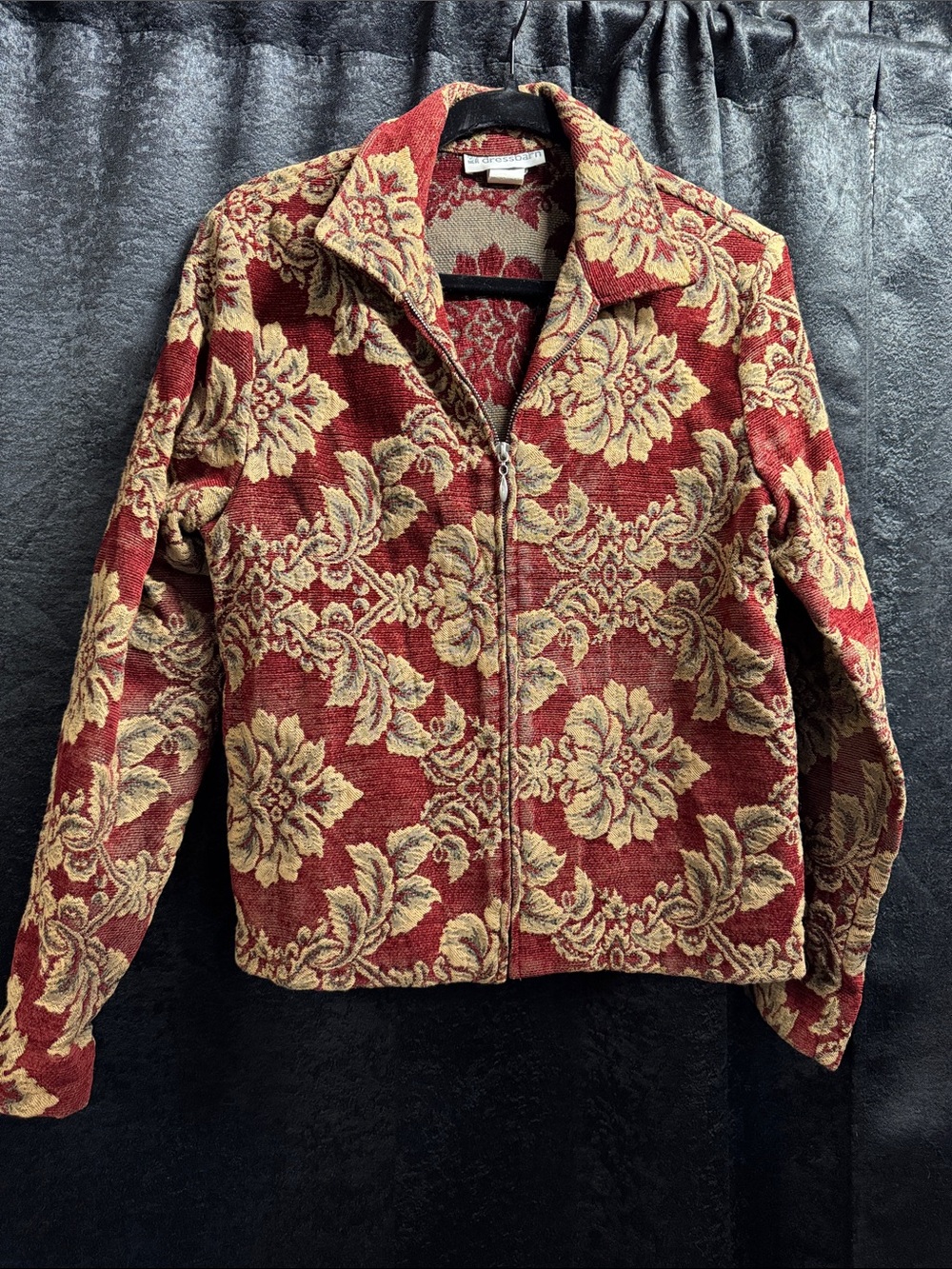 Vintage Red Floral Tapestry Zip-Front Jacket
